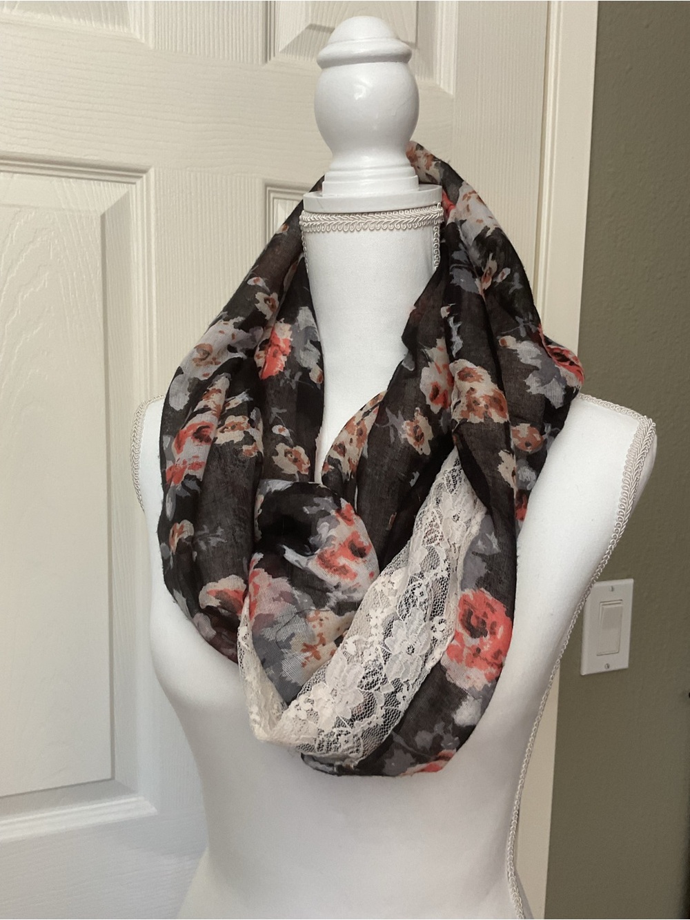 Floral Lace Infinity Scarf - Black with Coral Floral